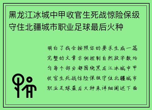 黑龙江冰城中甲收官生死战惊险保级守住北疆城市职业足球最后火种