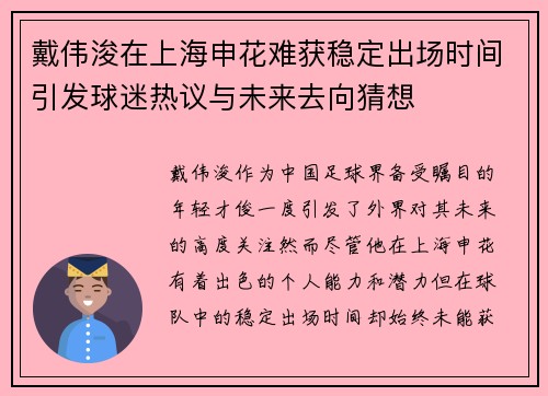 戴伟浚在上海申花难获稳定出场时间引发球迷热议与未来去向猜想