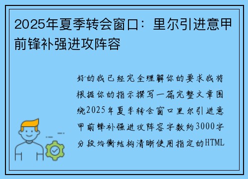 2025年夏季转会窗口：里尔引进意甲前锋补强进攻阵容